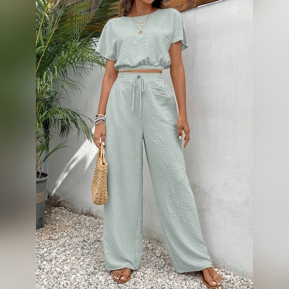 Pants - Women's Pants Set Loose Texture Solid Color Casual Two Piece Suit